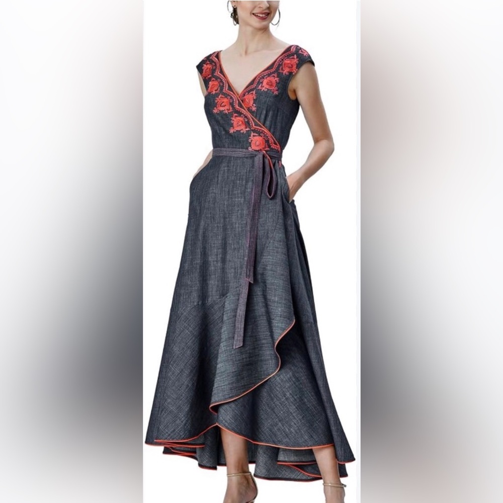 Wayward Fancies eShakti Chambray Blue Embroidered Wrap Dress S 6